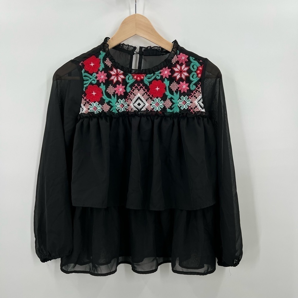 Kidpik Embroidered Black Floral Blouse Girls XXL 16